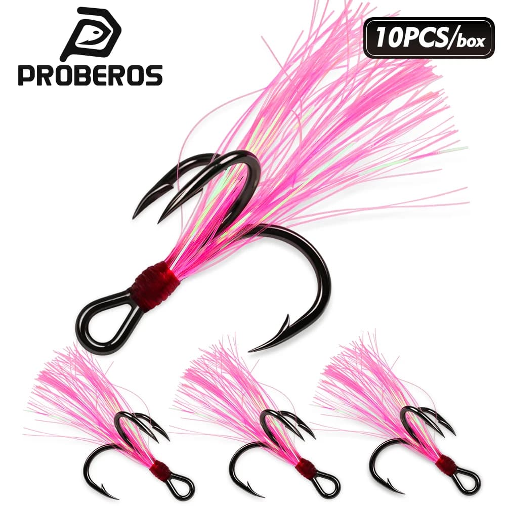 PROBEROS 10Pcs/Box High Carbon Steel Sharp Triple Hooks Flash Tinsel Treble Fishing Hooks Crankbait Hard Lure Bass Fishing Tackl
