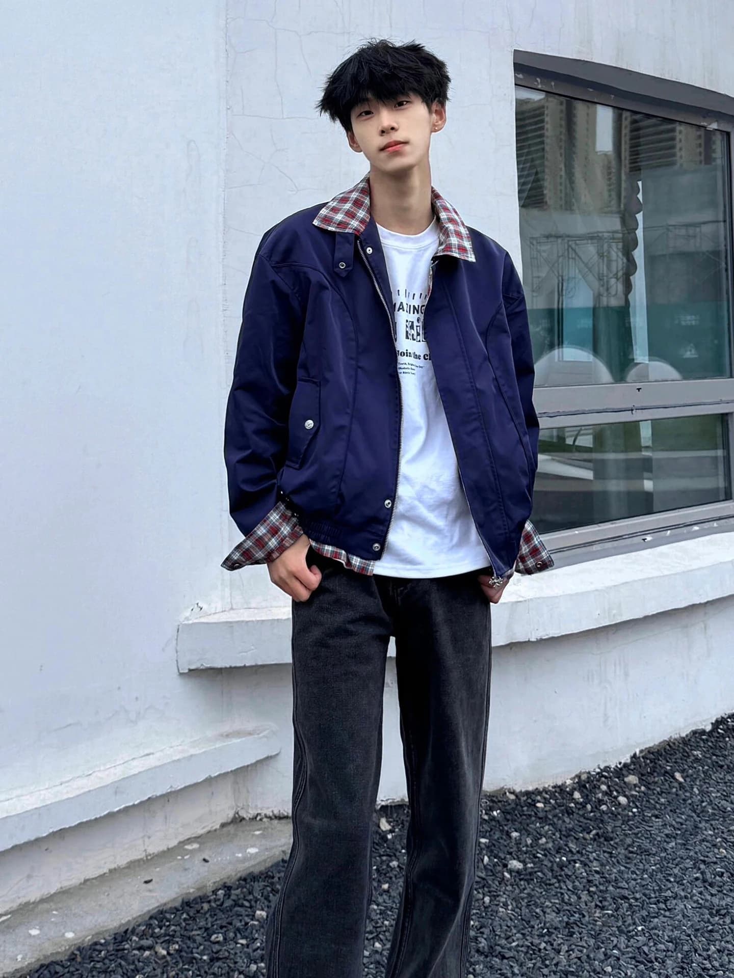 Giacca da Uomo Blu a Quadri con Inserti, Giacca a Vento Funzionale per Sport all'Aperto Autunnali, Cappotto Sportivo Casual Resistente per Giovani, Maniche Lunghe