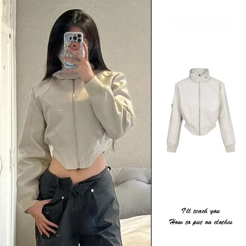 Retro American White Stand Collar PU Leather Jacket Women's Short Motorcycle Style Outerwear Autumn New Design Sensation