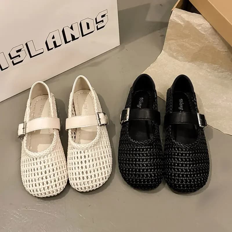 Scarpe estive piatte in rete traforata da donna, sandali alla moda con fibbia e punta tonda, scarpe casual Mary Jane da donna
