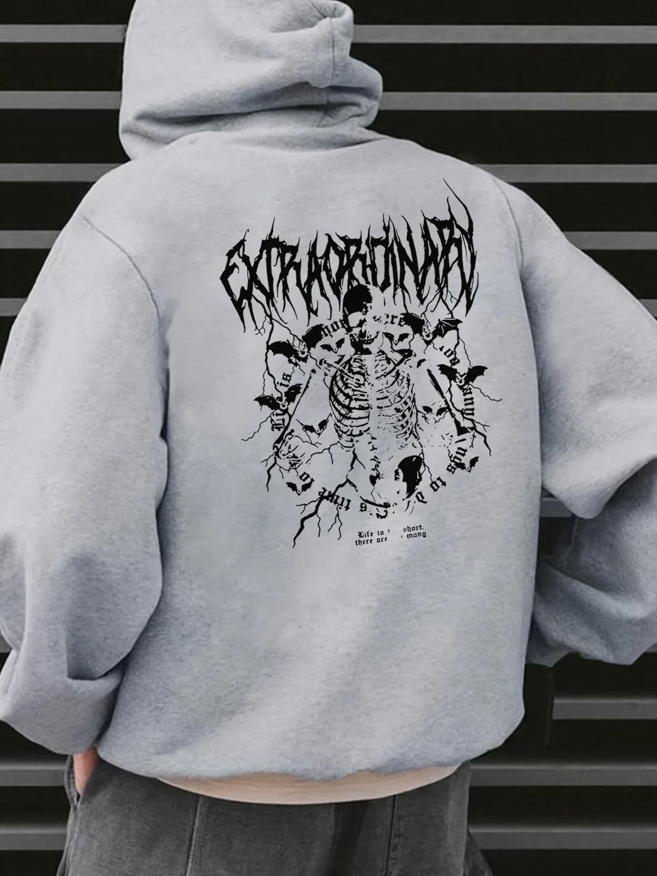 Men's Death Metal Hoodie Skeleton Gothic Text Graphic Back Print Oversized Pullover Sweatshirt Dark Punk Streetwear