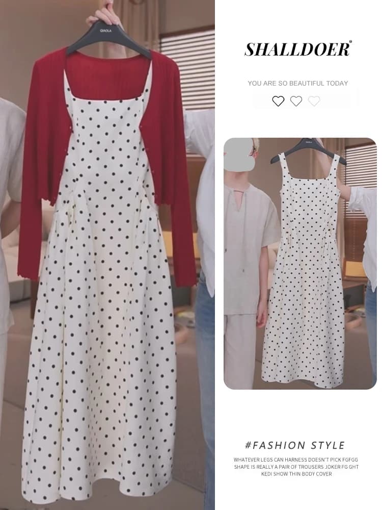 Red Polka Dot Halter Dress Women's Summer Fashion Set Korean Style Sun Protection Cardigan Beautiful Two-Piece Suit Casual Wear
