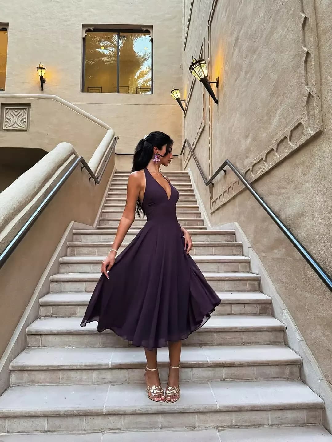 YENKYE Sexy Backless Elegant Purple Midi Long Halter Dress Woman A-line Slim Casual Party Dresses Chic Lady Vacation Robe