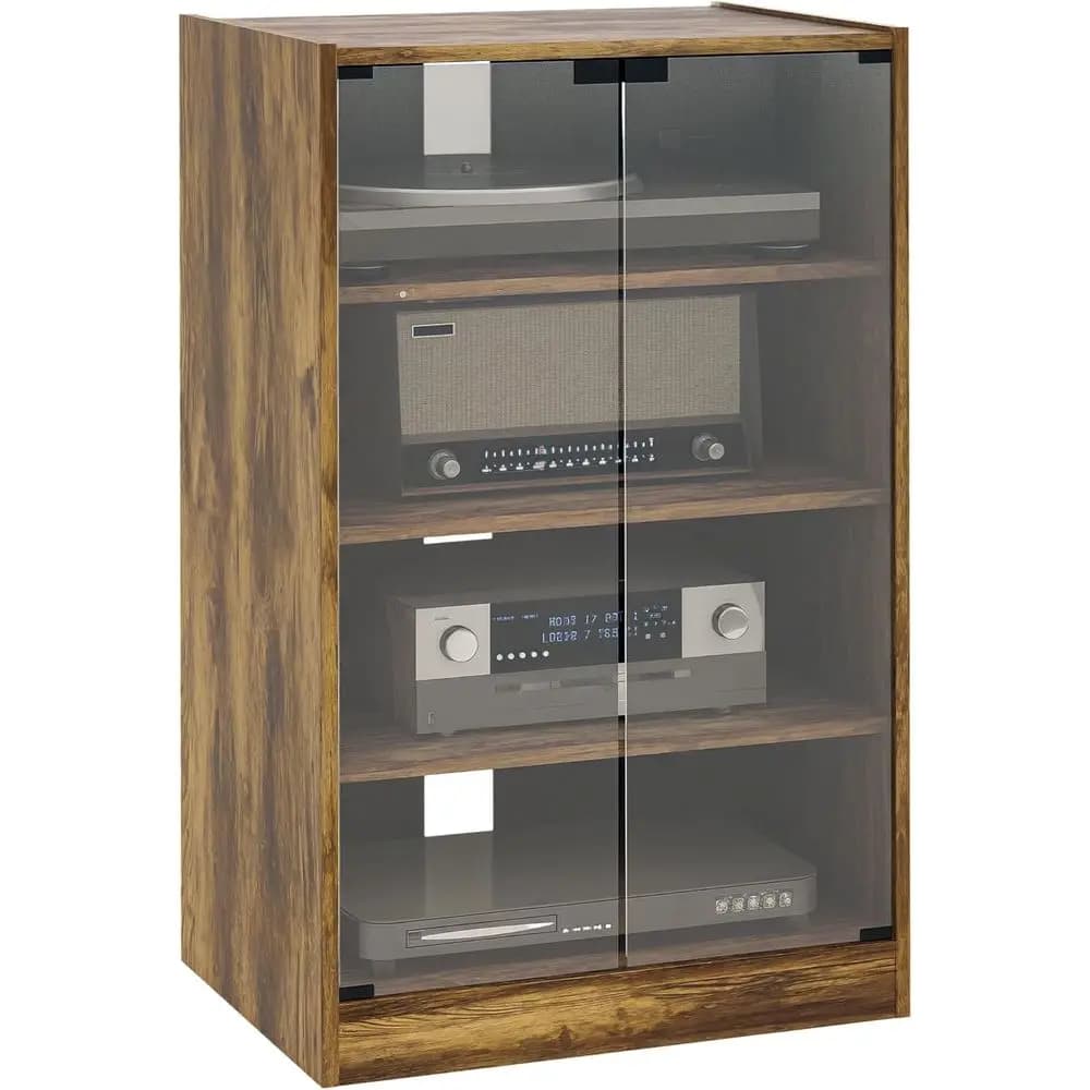 Mobiletto stereo a 4 ripiani in stile rustico marrone con ripiani regolabili, ante in vetro e sistema di gestione cavi per dischi in vinile e console di gioco