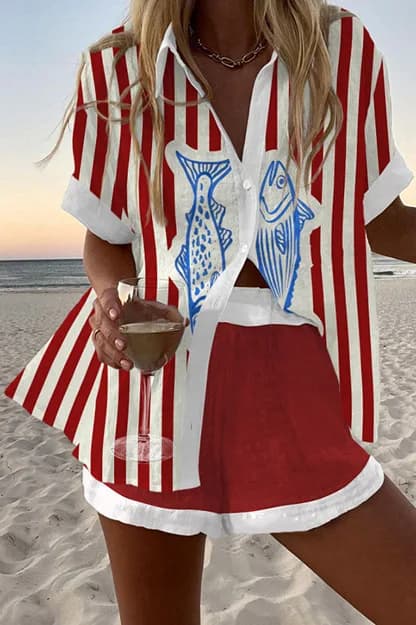 Fashion Print Beach Holiday 2-Piece Set Women Summer Short Sleeve Shirt Top + Wide Legs Short Women's Oversized Two-Piece Outfit