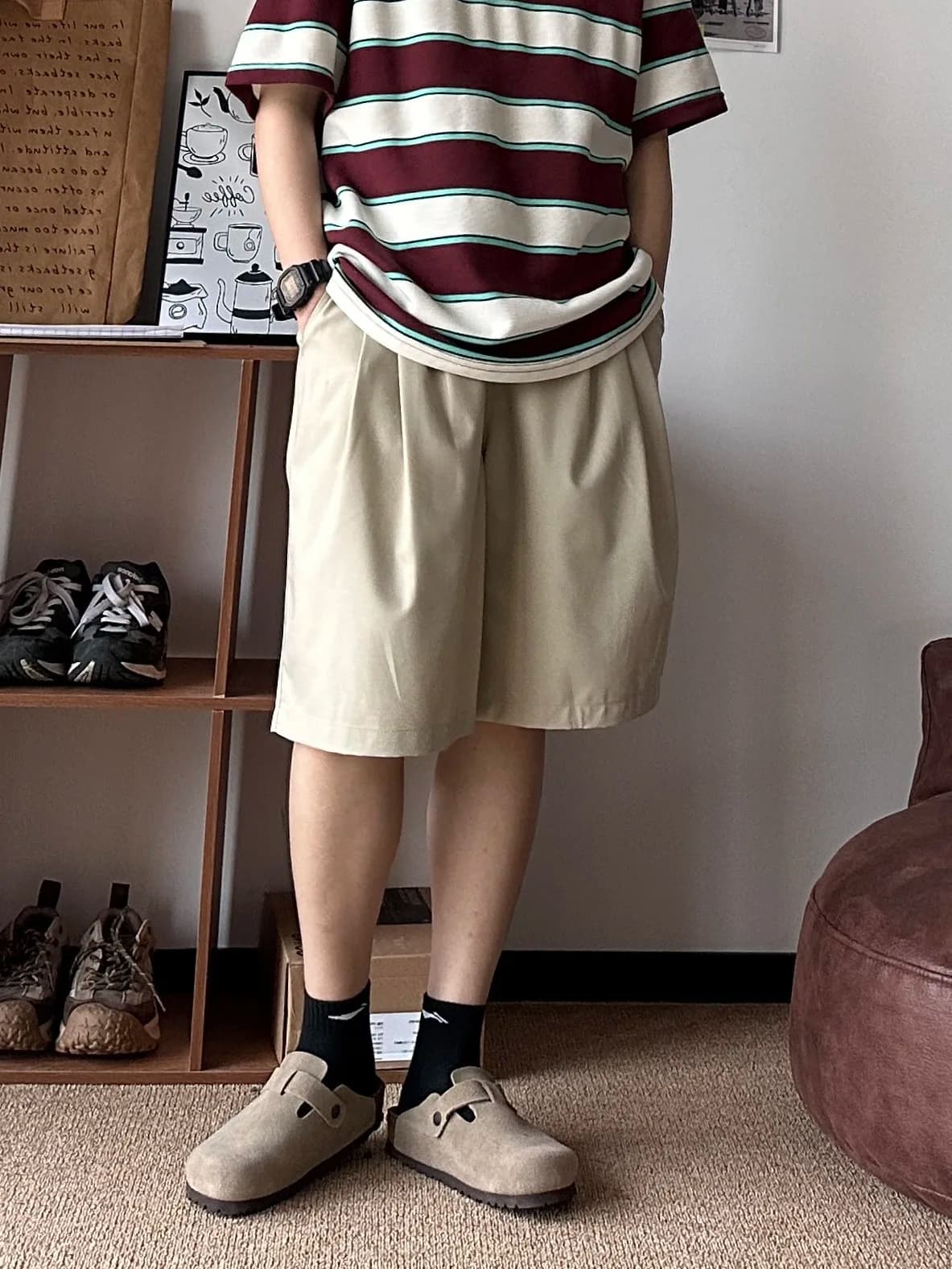 Casual Smooth Five-Quarter Men's Shorts Pure Color Wide Leg West Pants Striped T-Shirt Set Summer Japanese Style Leisure Wear