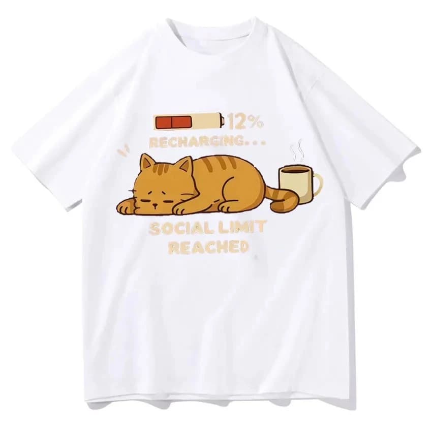 Recharging Social Limit Reached Funny Cat Meme Tee Shirts Women Y2K Style Classic Print Short Sleeve Casual Streetwear T Shirt