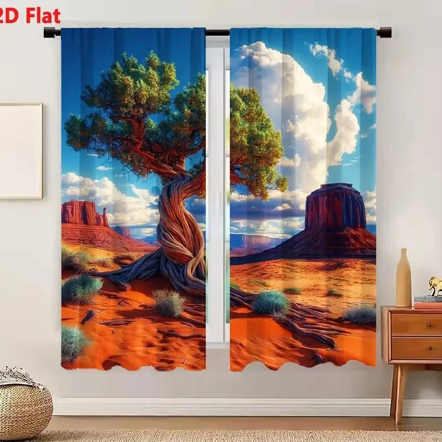 2Pcs Curtains 2D Flat Surreal Desert Landscape With Ancient Spiral Tree And Red Rock Formations Under Blue Sky Window Drapes for