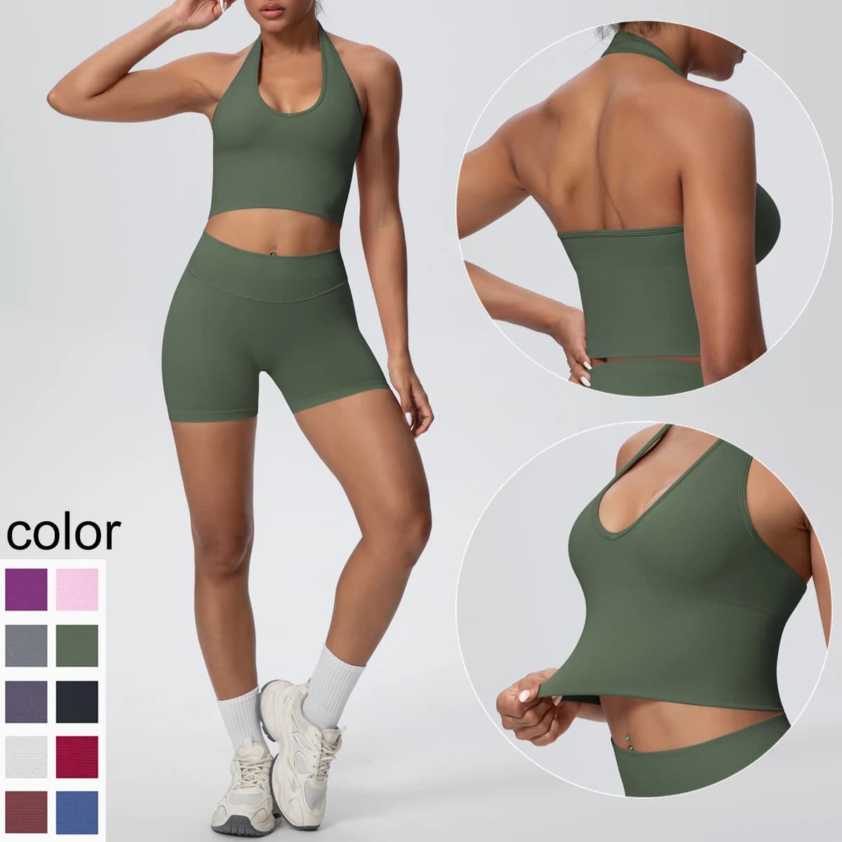 2pcs Summer Breathable Yoga Set Backless Sportswear Solid Color Sexy Neck Strap Bra Quick-Dry High Waist Shorts Yoga Set