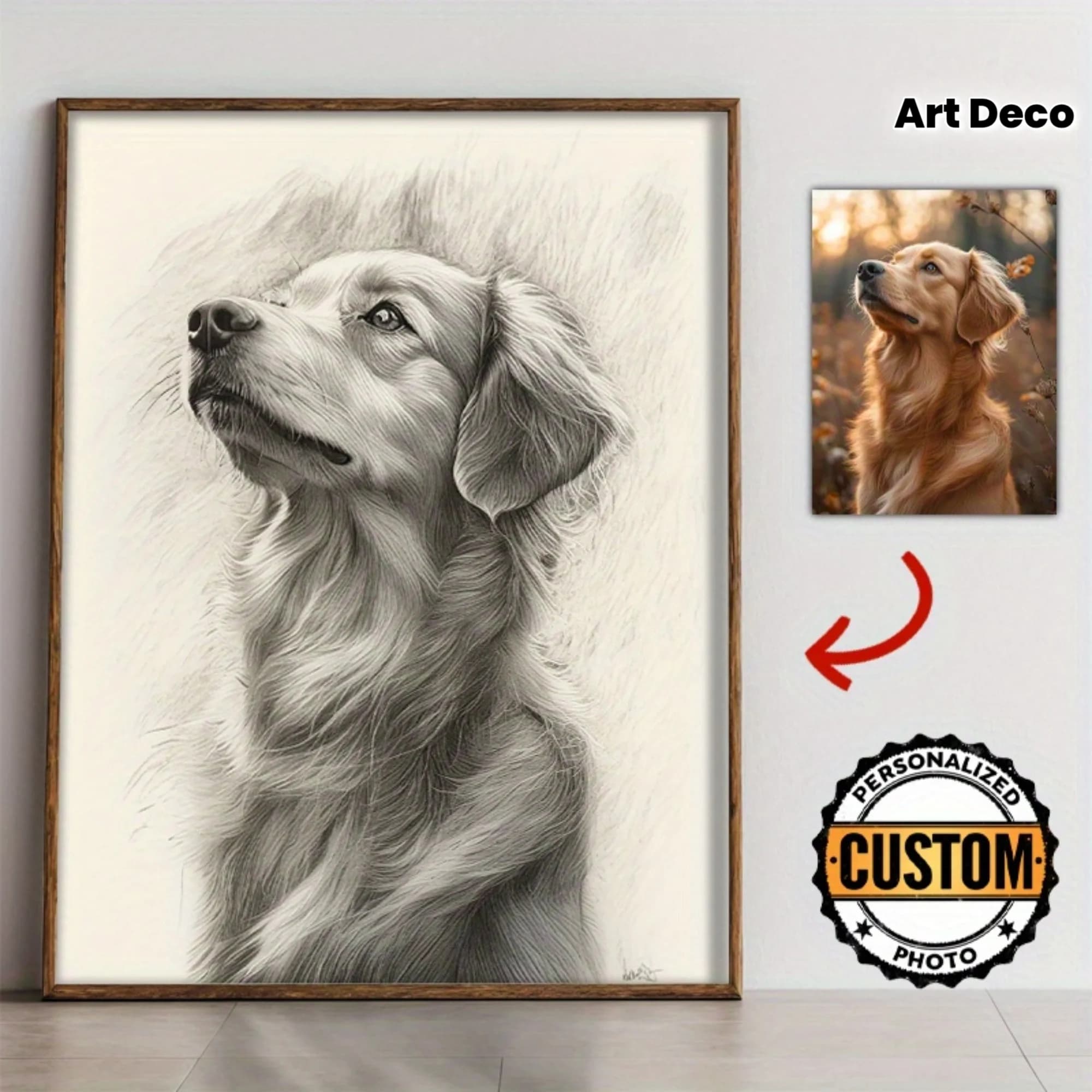 Personalizza la stampa su tela di cani da compagnia in stile schizzo a matita in bianco e nero Foto di matrimonio Animali domestici di famiglia Poster di arte della parete per la decorazione domestica