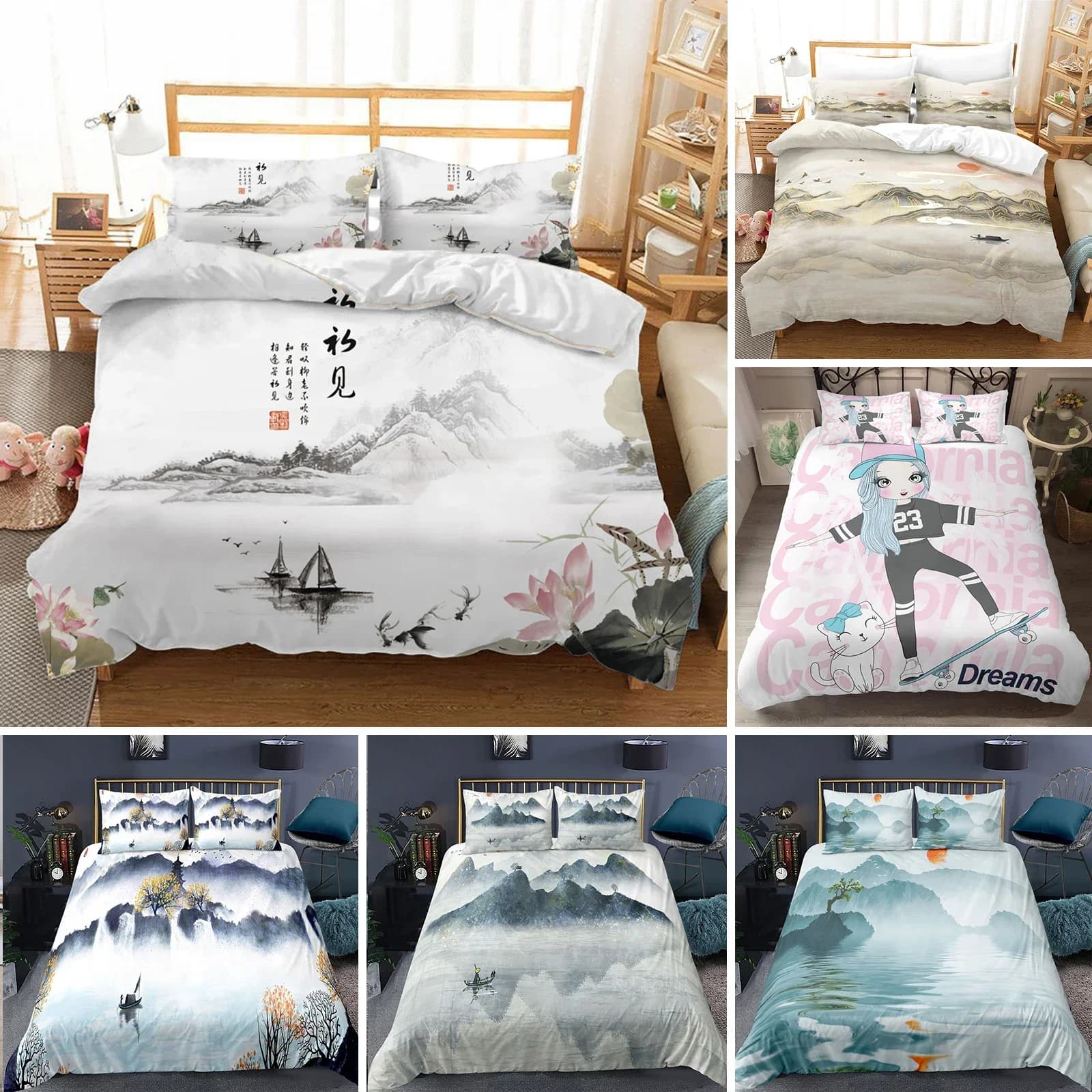 Copripiumino con paesaggio naturale King/Queen Size, set di biancheria da letto in stile pittura a inchiostro cinese Mountain River 2/3 pezzi Copripiumino in poliestere