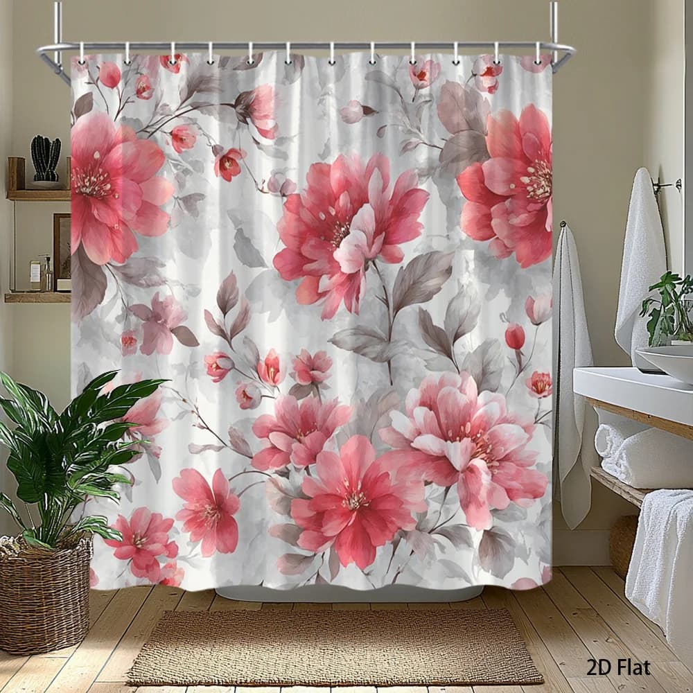 1 tenda da doccia rosa con motivo floreale con ganci, realizzata in poliestere, lavabile in lavatrice, adatta per l'arredamento del bagno.