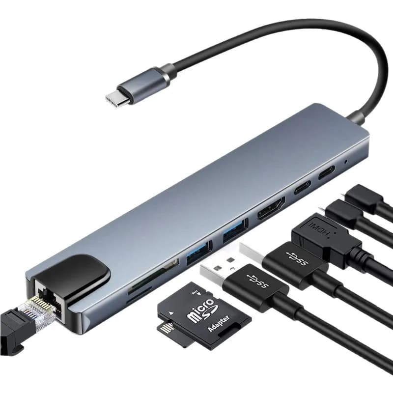 Hub USB C 8 in 1, adattatore da Tipo C 3.1 a HDTV 4K con RJ45 100Mbps, lettore di schede SD/TF, ricarica rapida PD per MacBook, notebook e laptop