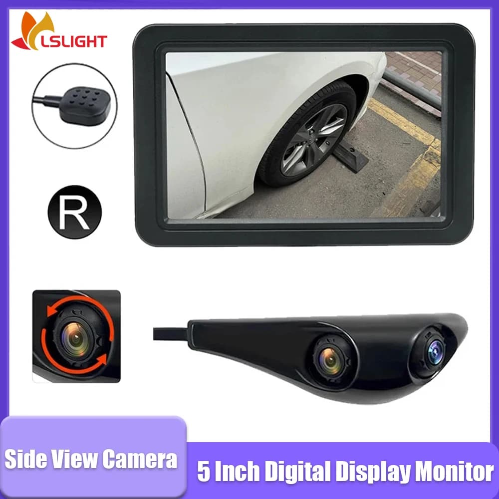 Monitor con display digitale da 5 pollici Telecamera per specchietto retrovisore laterale Telecamera interna per auto con doppio obiettivo DVR per punto cieco con interruttore a pulsante CH1 CH2