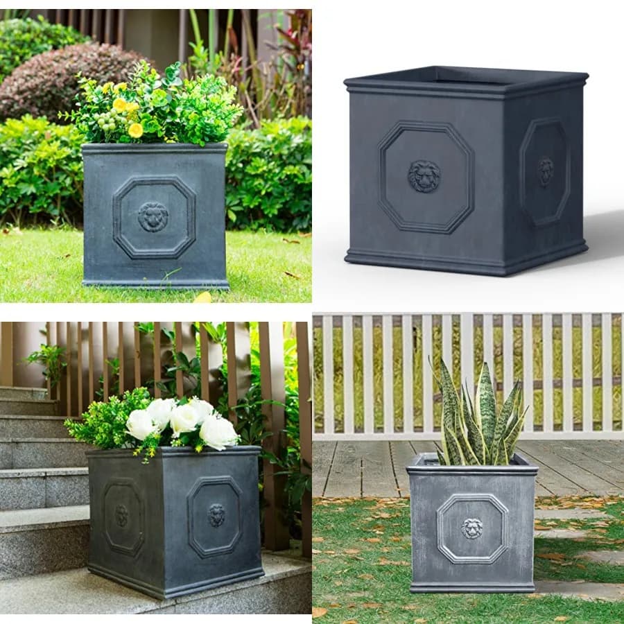 Fioriera Quadrata a Testa di Leone in Cemento, Vaso Classico Stile Inglese con Foro di Drenaggio e Tappo in Gomma per Giardino Interno ed Esterno