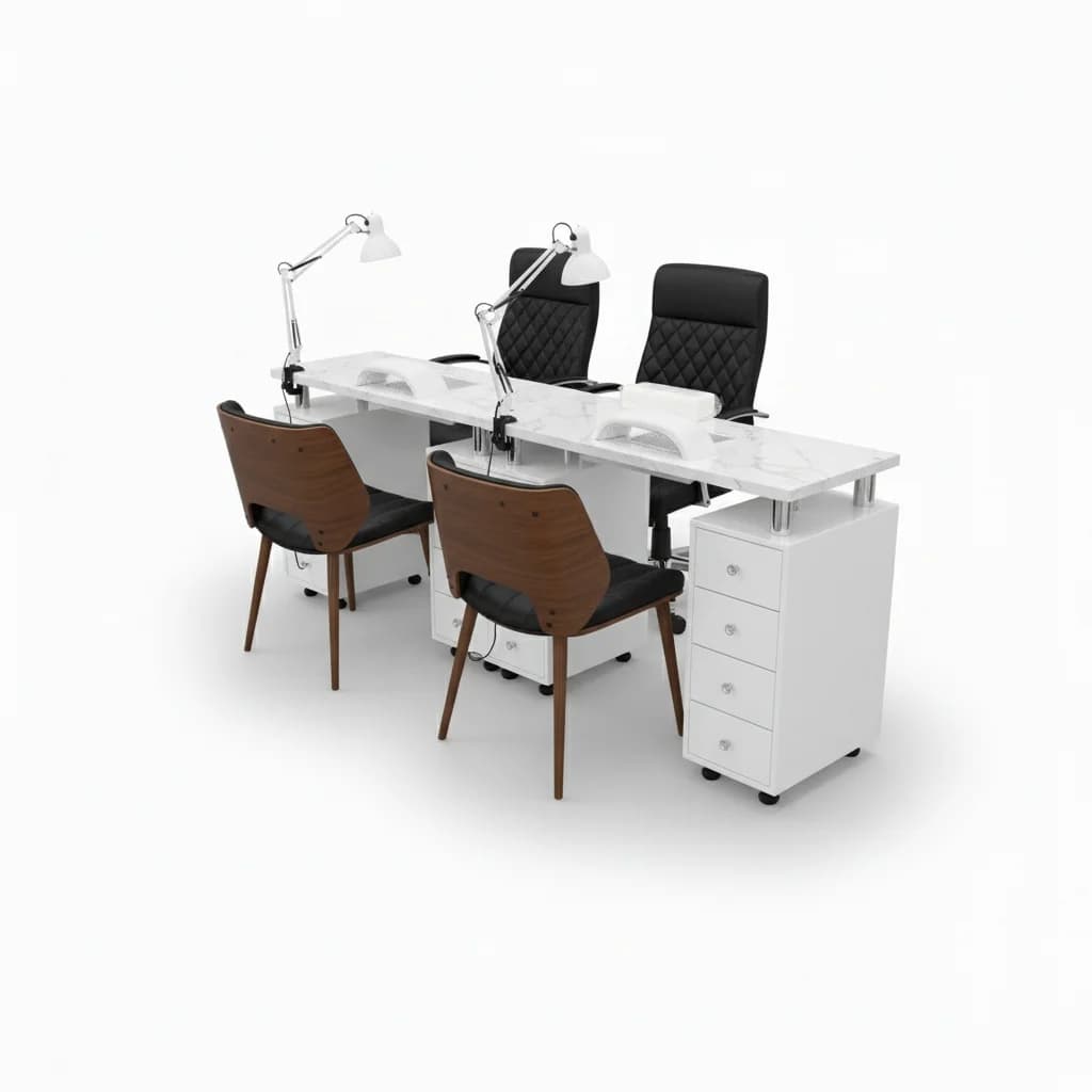 Tavolo Professionale per Manicure, Postazione per Salone Unghie con Piano in Marmo, Aspiratore e Lampada, Set di Arredamento di Lusso per Salone, 80-180cm