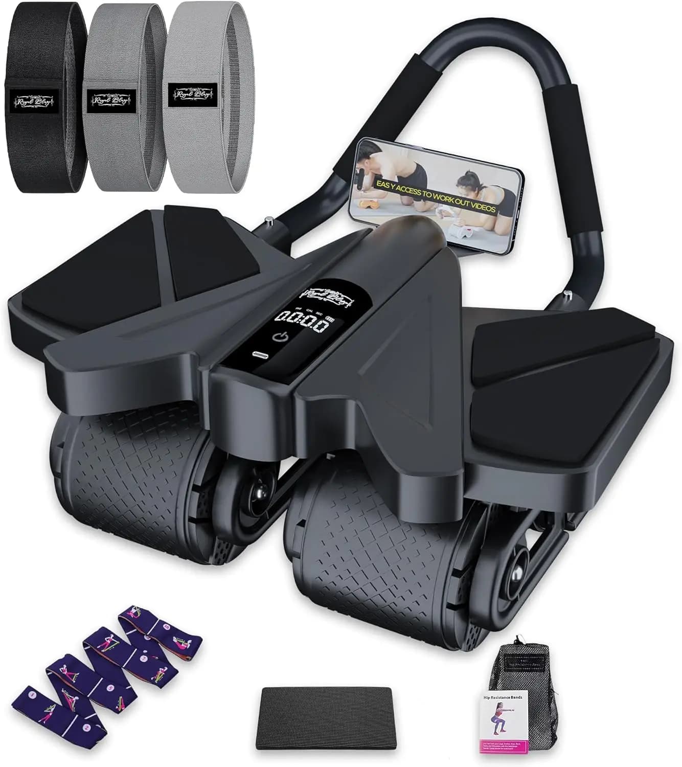 4 Wheel Abdominal Roller with LCD Screen, Yoga Strap and Resistance Bands for Home Fitness