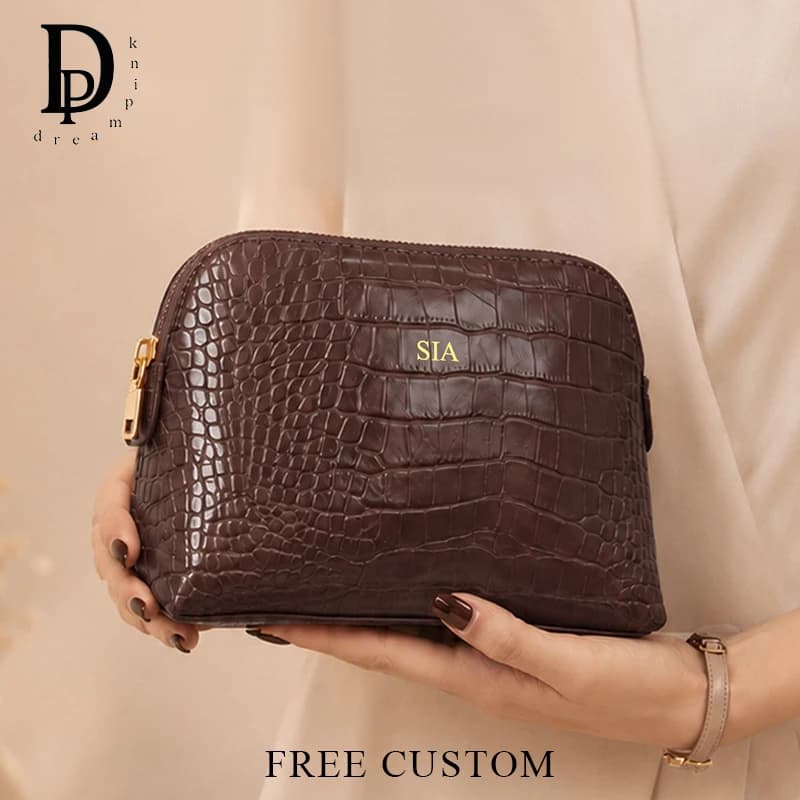Luxury Crocodile Leather Pattern Cosmetic Bag Zip Custom Name Woman Vintage Shell Travel Make Up Bag Diy Wholesale Gift Pouch