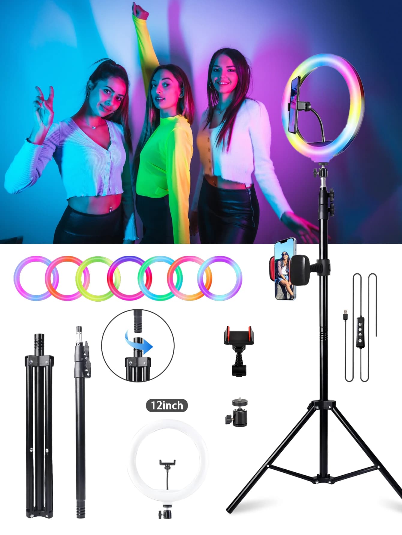 Treppiede con Luce ad Anello RGB da 63 Pollici (12 Pollici) con Tubo di Estensione, 2 Supporti Regolabili per Telefono, Asta Selfie da 160 cm