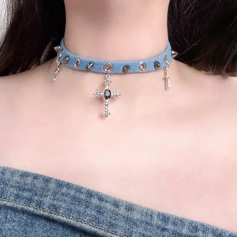 Collana girocollo in tessuto jeans da donna, con ciondoli a croce, stella e cuore, con nappe, accessorio gioiello da donna, regalo per ragazza