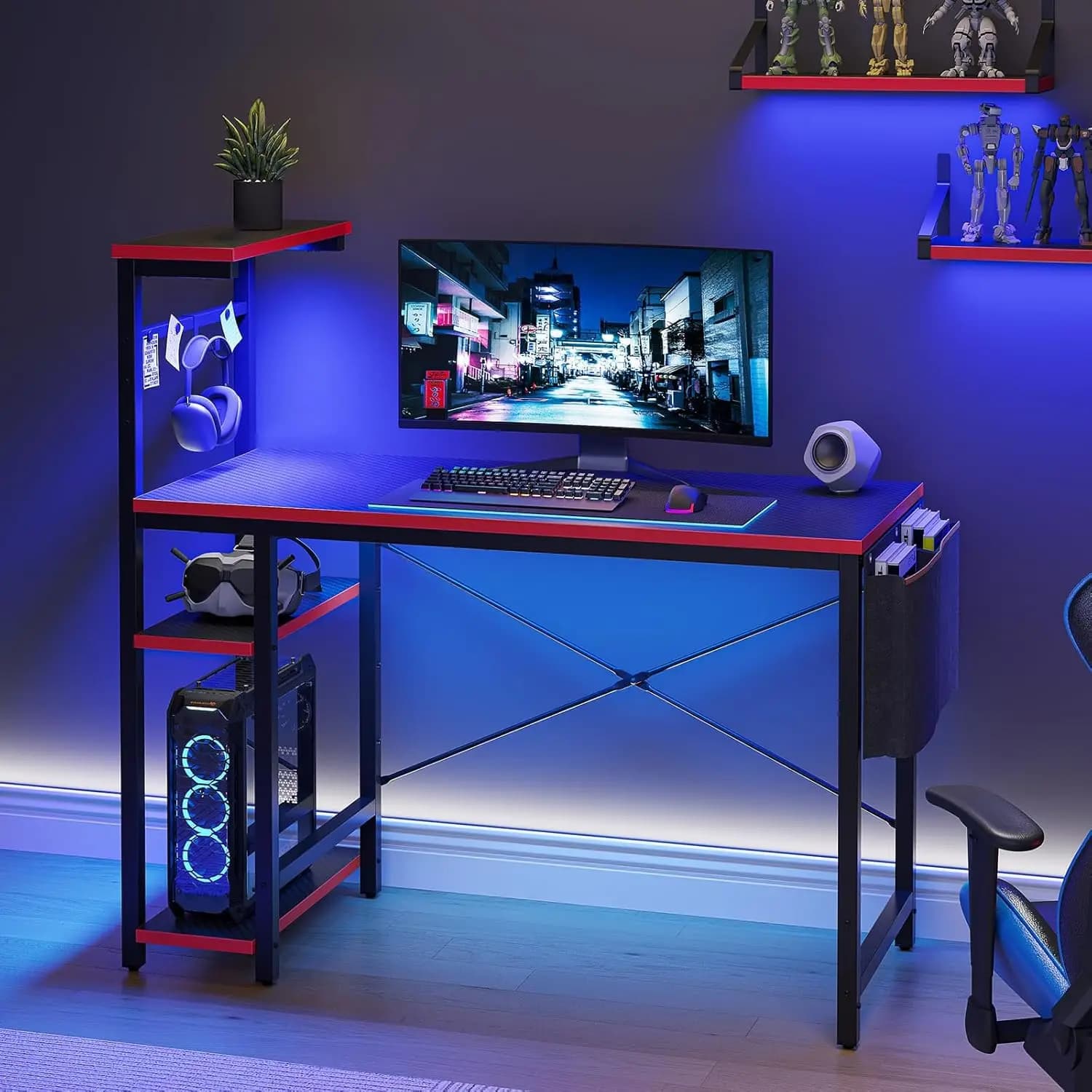 Scrivania da Gaming con Luci LED, Tavolo PC da 44 Pollici per Gamer o Spazi Ristretti, Scrivania per Computer con Ripiani Reversibili e Vano Laterale
