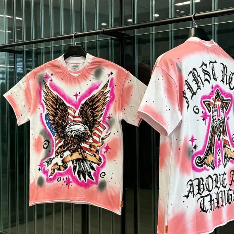 Summer FIRST ROW Tshirt Arrow Eagle Vintage Faded Print Rhinestone Short Sleeve Men Women Hiphop Streetwear Cotton Loose Tops