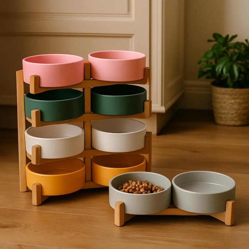 Wooden Stand Elevated Dual Ceramic Bowls for Small Pets - Spill-Proof Food and Water Dish for Cats and Dogs