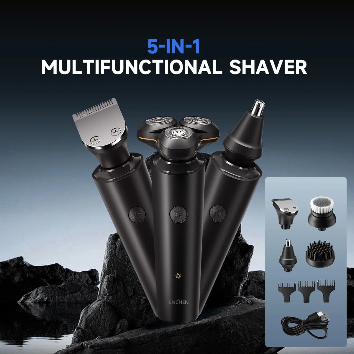 ENCHEN X8S-C rasoio elettrico con 4 testine di ricambio multiuso impermeabile Type-C ricaricabile portatile tagliacapelli da uomo