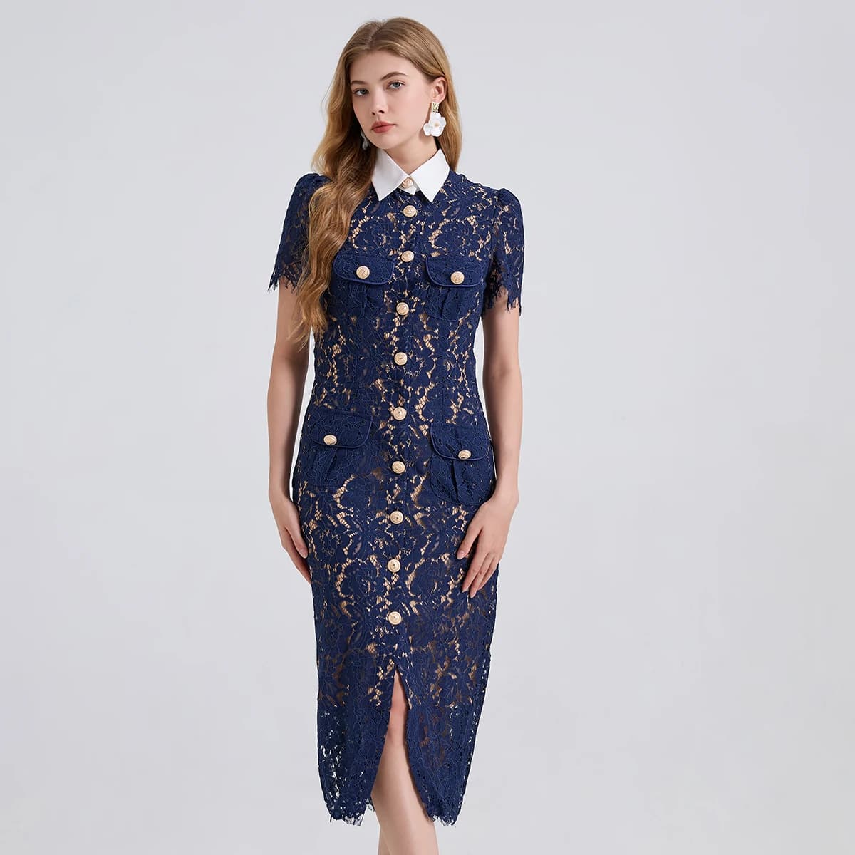 Abiti lunghi da sera formali di lusso Donna Estate Autunno Colletto bianco alla Peter Pan Scava fuori il vestito da festa in pizzo ricamato a matita blu