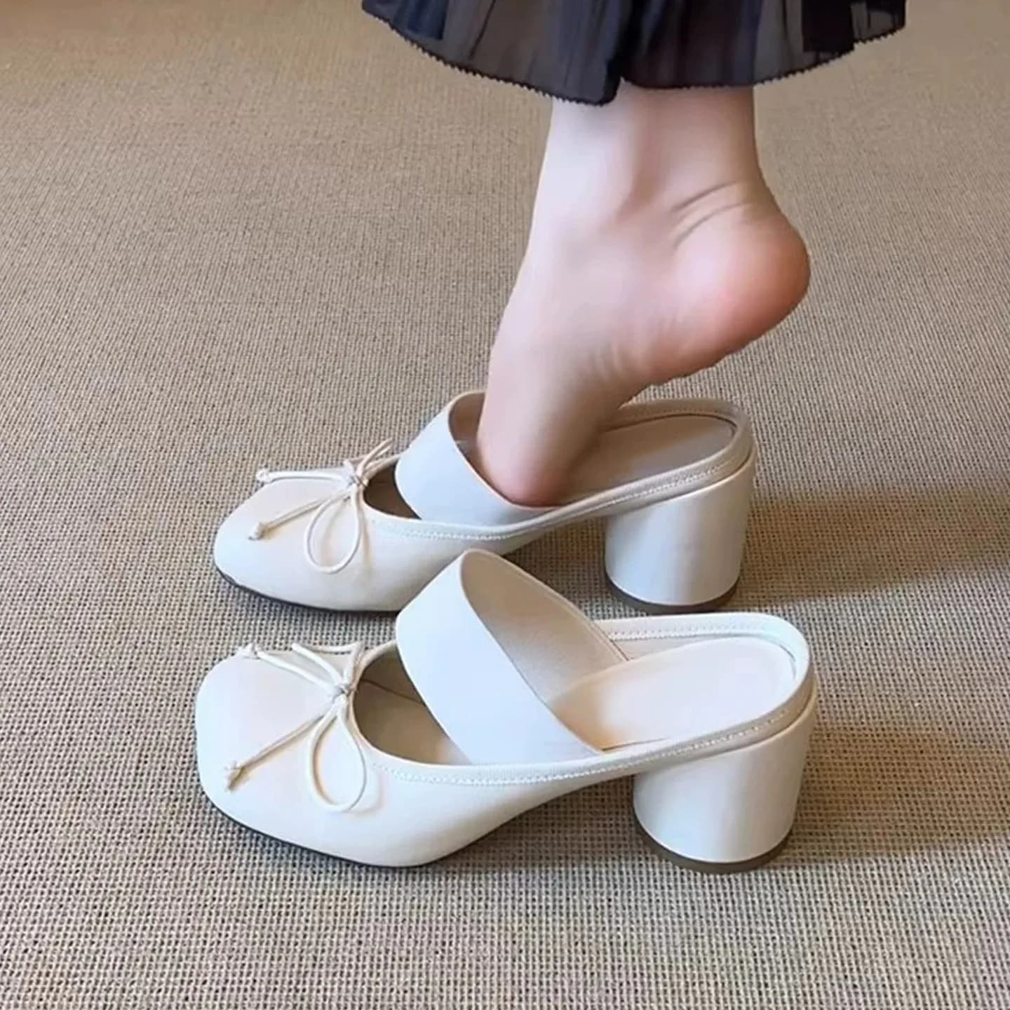 Women’s Shoes Vintage Ballet Style Bow Closed-Toe Slip-On Block Heel Shallow Sandals shoes for women