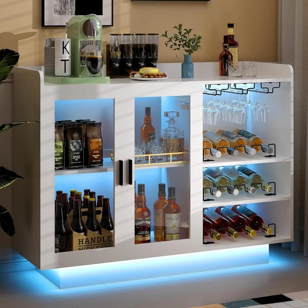 Armadietto bar per vini con luci a LED, 47 armadietti moderni per liquori bianchi per la casa con ampio spazio di archiviazione, portabottiglie e portabicchieri