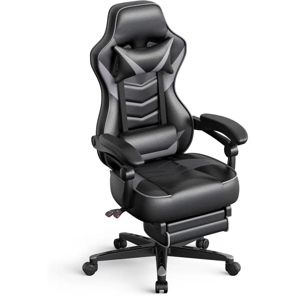 Sedia da gaming girevole ergonomica con schienale regolabile, altezza del sedile, poggiapiedi e supporto lombare, grigia