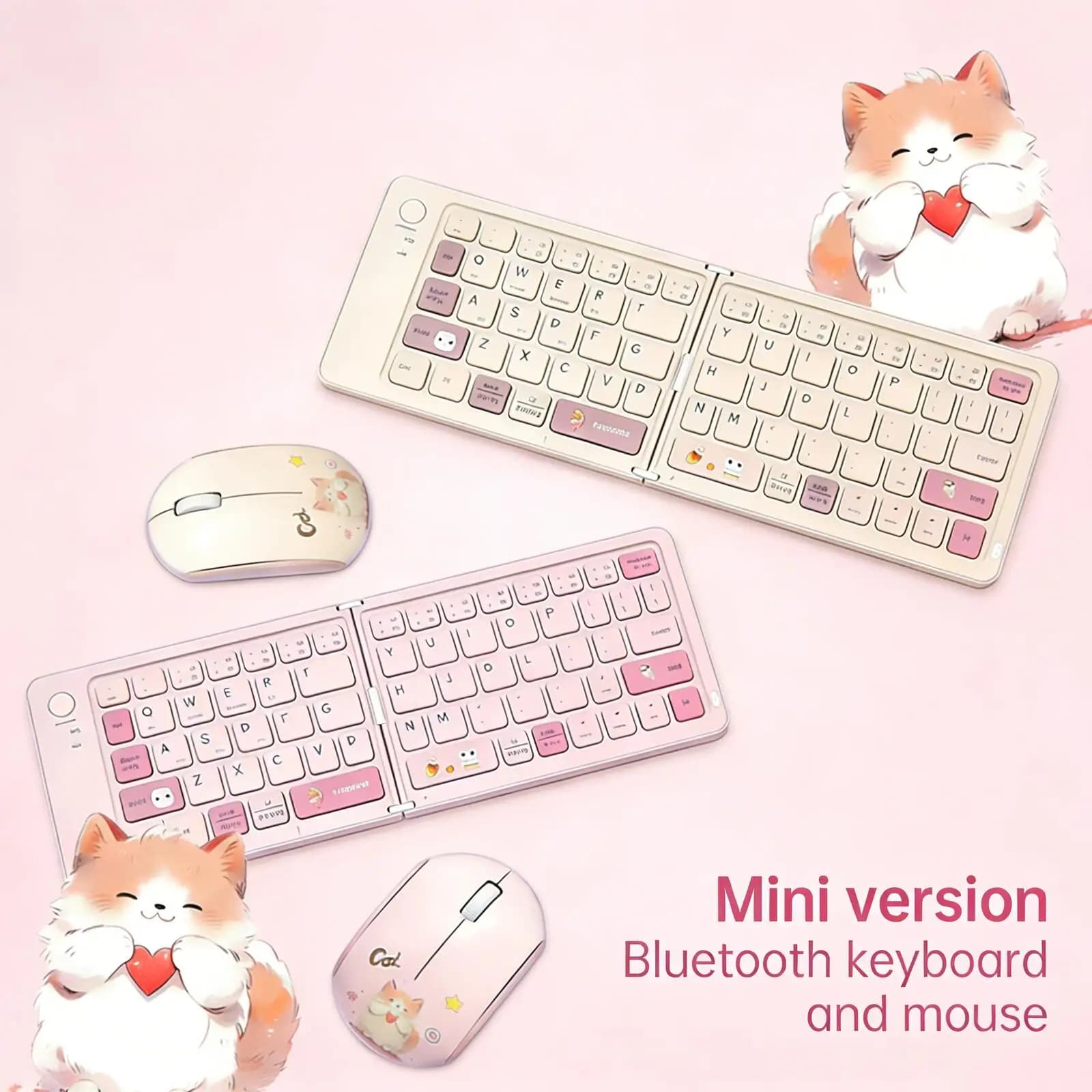 Set tastiera e mouse pieghevoli wireless Bluetooth Cute Cat, mini, leggeri, clic silenziosi, batteria a lunga durata, per PC, laptop, regalo per ragazze