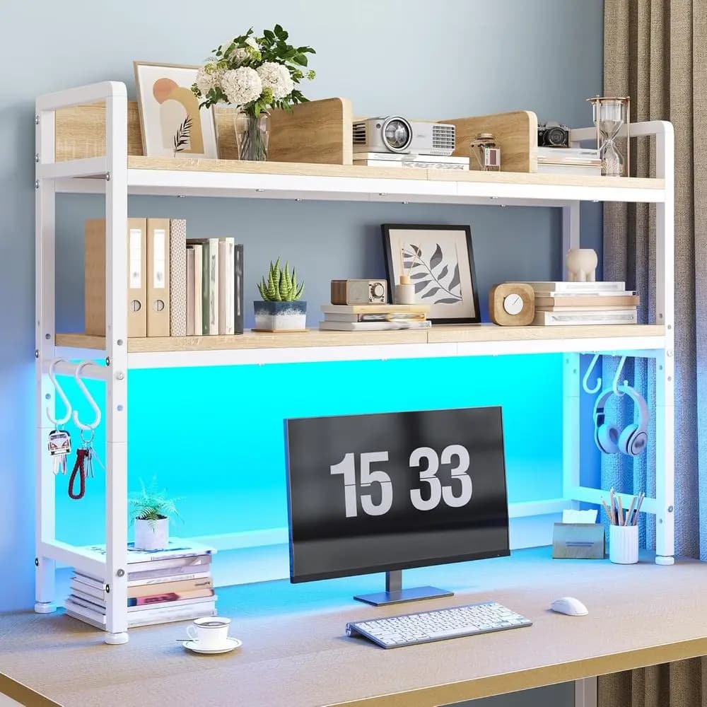 REIBII Scaffale da scrivania da 45,2 pollici con luci a LED e ganci, scaffale da scrivania regolabile a 2 livelli in legno massello per dormitorio, organizer da scrivania con ripiani