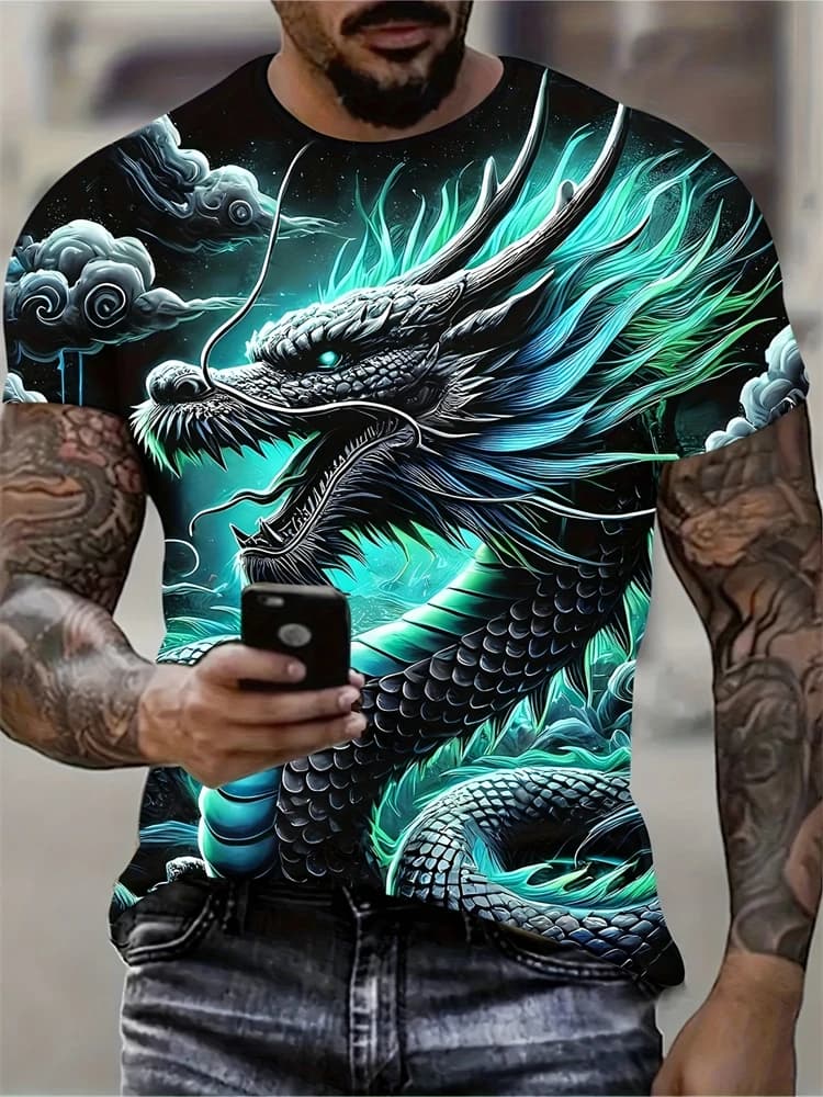 2025 dei nuovi uomini 3D Drago Stampa T-shirt Casual a maniche corte Pullover Poliestere Girocollo Estate Abbigliamento outdoor Taglia adulto