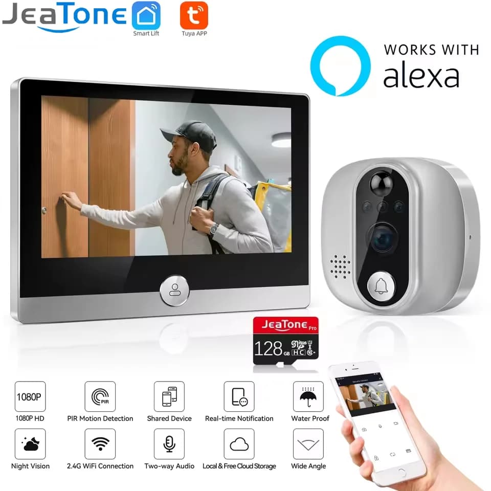 Jeatone Alexa Tuya Spioncino video WiFi intelligente 1080P/158 ° Telecamera per campanello per la casa Schermo LCD da 4,3 pollici 24 ore di rilevamento del movimento PIR