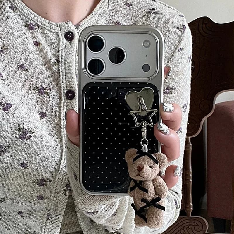 Black polka dot phone case with plating for iPhone 17 Pro 16 15 14 Pro Max, cover with cute bear pendant, comic book cases for girl