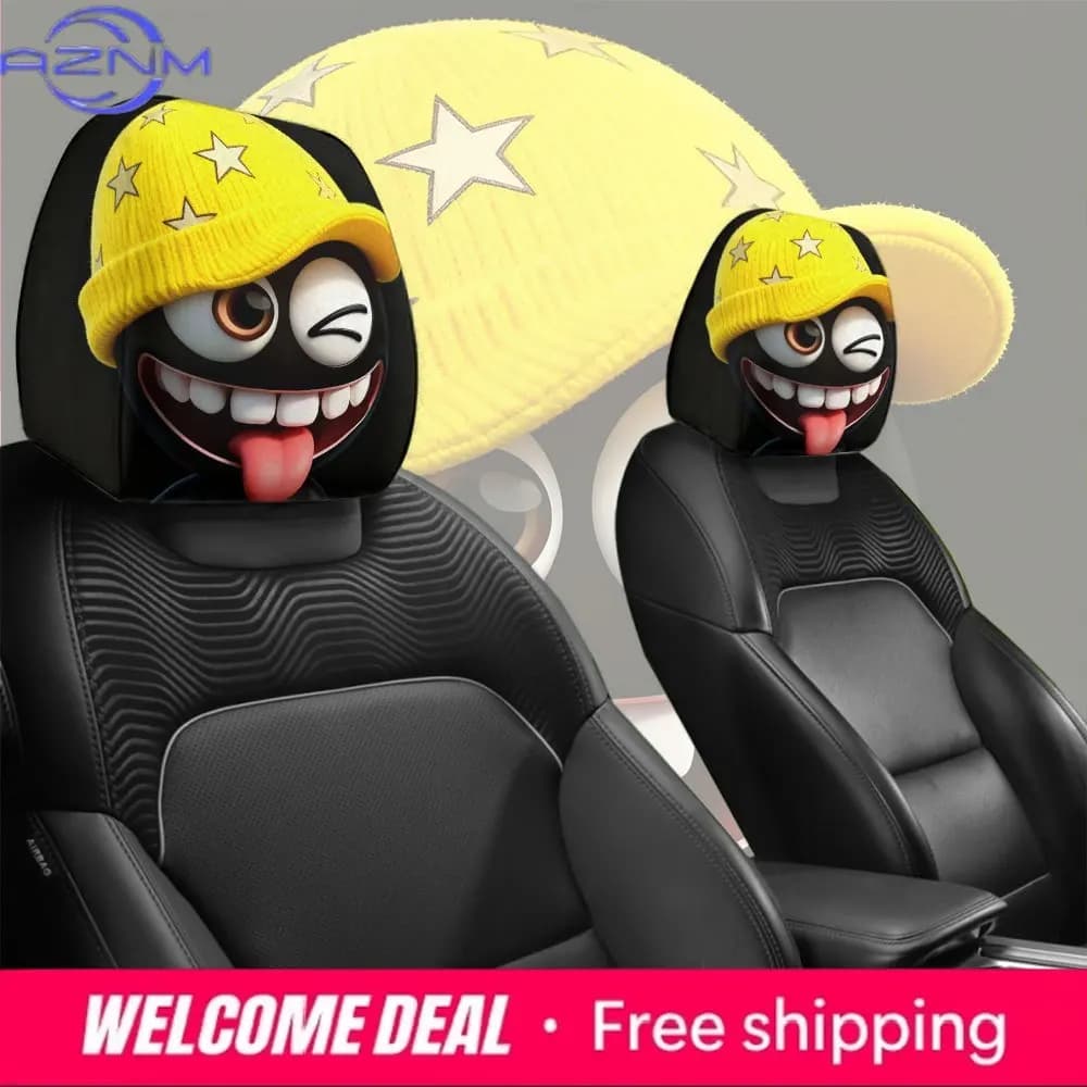 2 pezzi, copri poggiatesta per auto con un'espressione comica e un cappello giallo intrecciato, facile da installare e pulire, adatto per lunghi viaggi