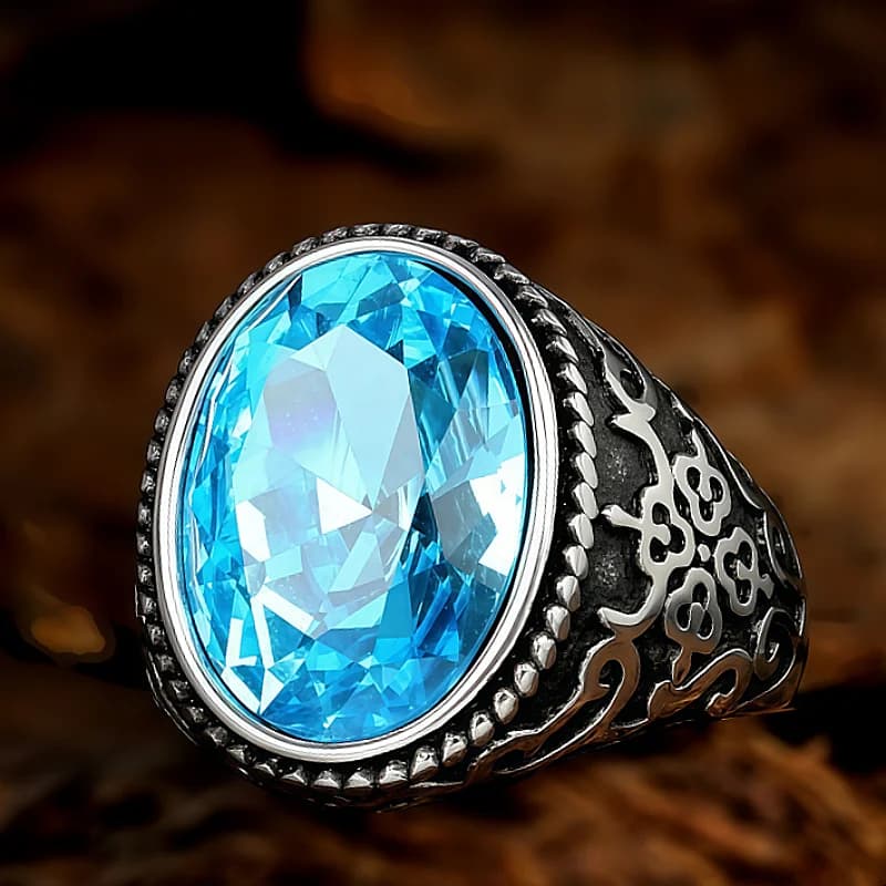 Cocktail party men's ring Sky blue artificial gemstone ring fashion party jewelry gift Luxury men's oval blood red retro ring