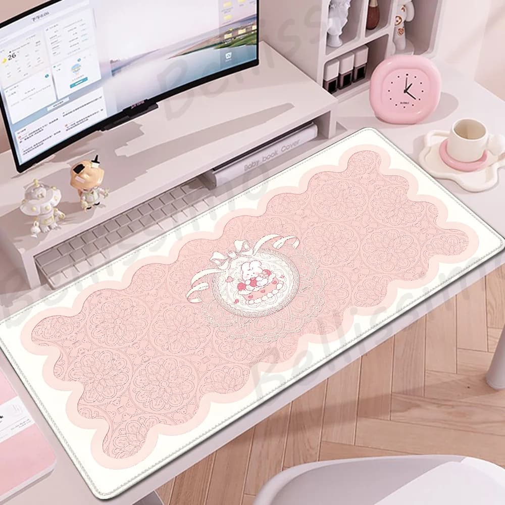 Tappetino per mouse bianco rosa Simpatico coniglio Griglia Tappetino da scrivania Tastiera da gioco per computer Tappetino per mouse esteso Accessori per ufficio Pc Gamer Anime Tappeto