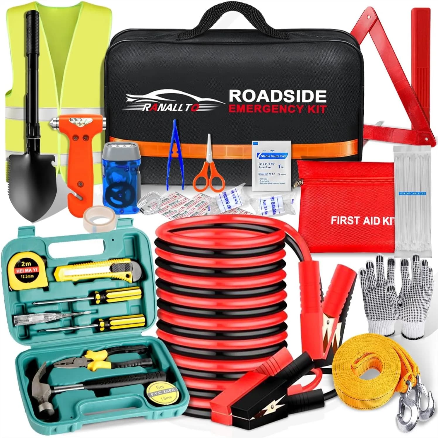 Kit di Emergenza Stradale per Auto con Cavi di Avviamento, Pala e Borsa Pronto Soccorso per Auto, Camion e SUV