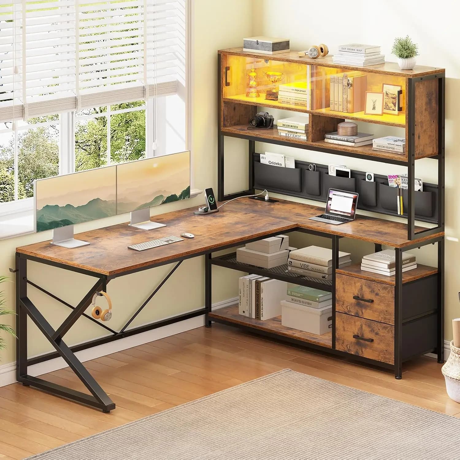 L Shaped Computer Desk with 2 Drawer Bookshelf LED Light Glass Cabinet Storage Bag Corner Shelves Rustic Brown, Customized