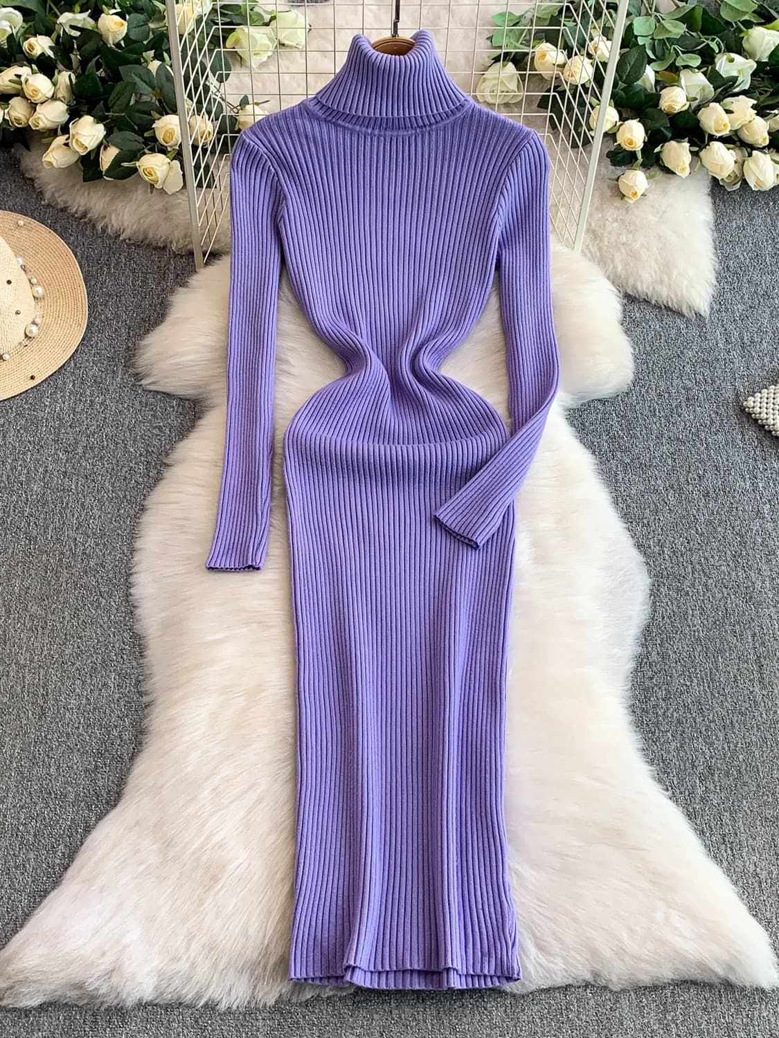 Elegant High Neck Long Sleeve Knitted Wrap Dress Women's Autumn Winter Slimming Slim Fit High Waist A-Line Skirt Dress