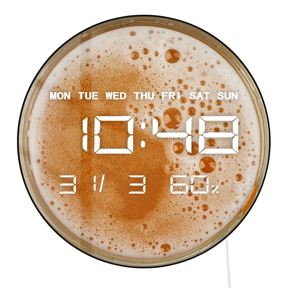 Orologio da parete digitale a LED con vista superiore in schiuma di birra di grano per bar, pub, uomo, grotta, decorazione, bolle su tazza ubriaca con alcool, orologio da parete elettronico