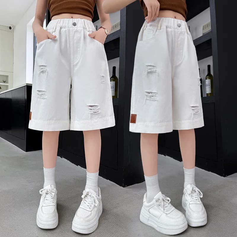 Pantaloncini di jeans strappati estivi per bambini eleganti per ragazze Moda casual al ginocchio Pantaloni jeans bianchi con fori 5 7 9 11 13 14 Y