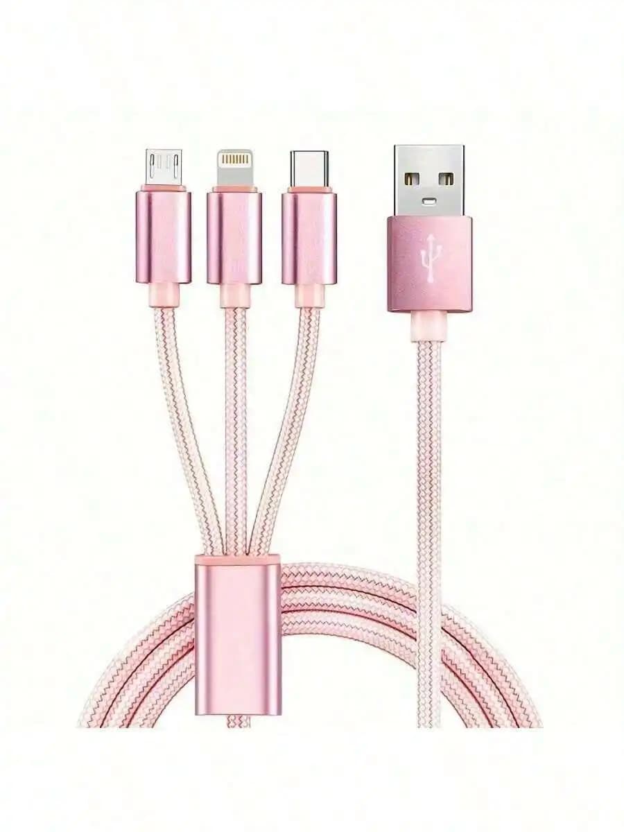 3-in-1 nylon braided USB cable for fast charging and data transfer compatible with Lightning Type-C Micro USB devices