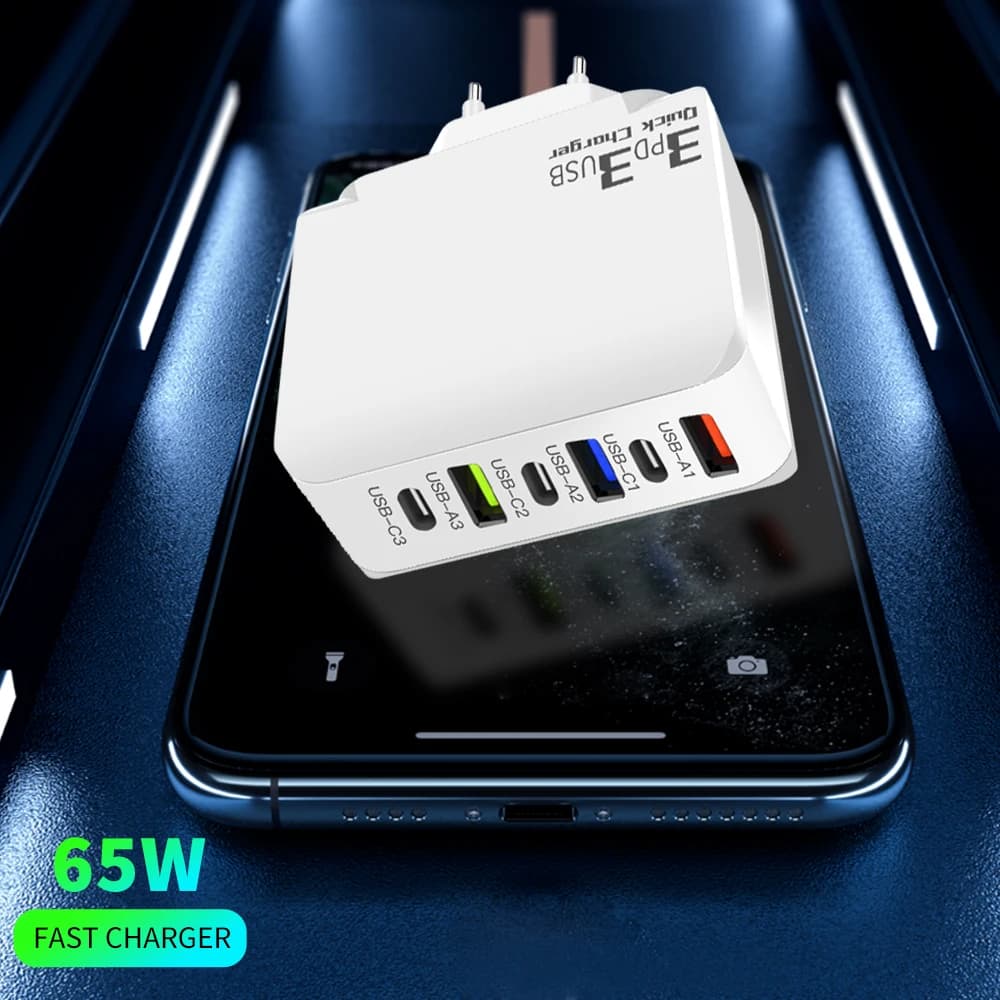 Caricatore USB PD Ricarica rapida 6 porte Adattatore per caricabatterie per telefono USB C Quick Charge 3.0 per iPhone 15 14 Xiaomi Samsung Caricatore da muro