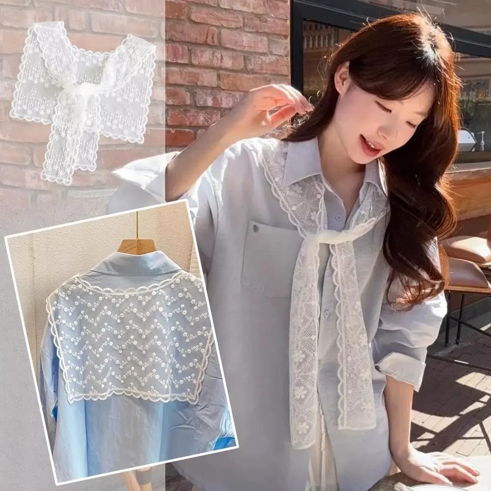 French Lace Shawl Scarf for Women Elegant Hollow Out Floral Embroidery Fake Collar Shirt Wrap Summer Sunscreen Accessories