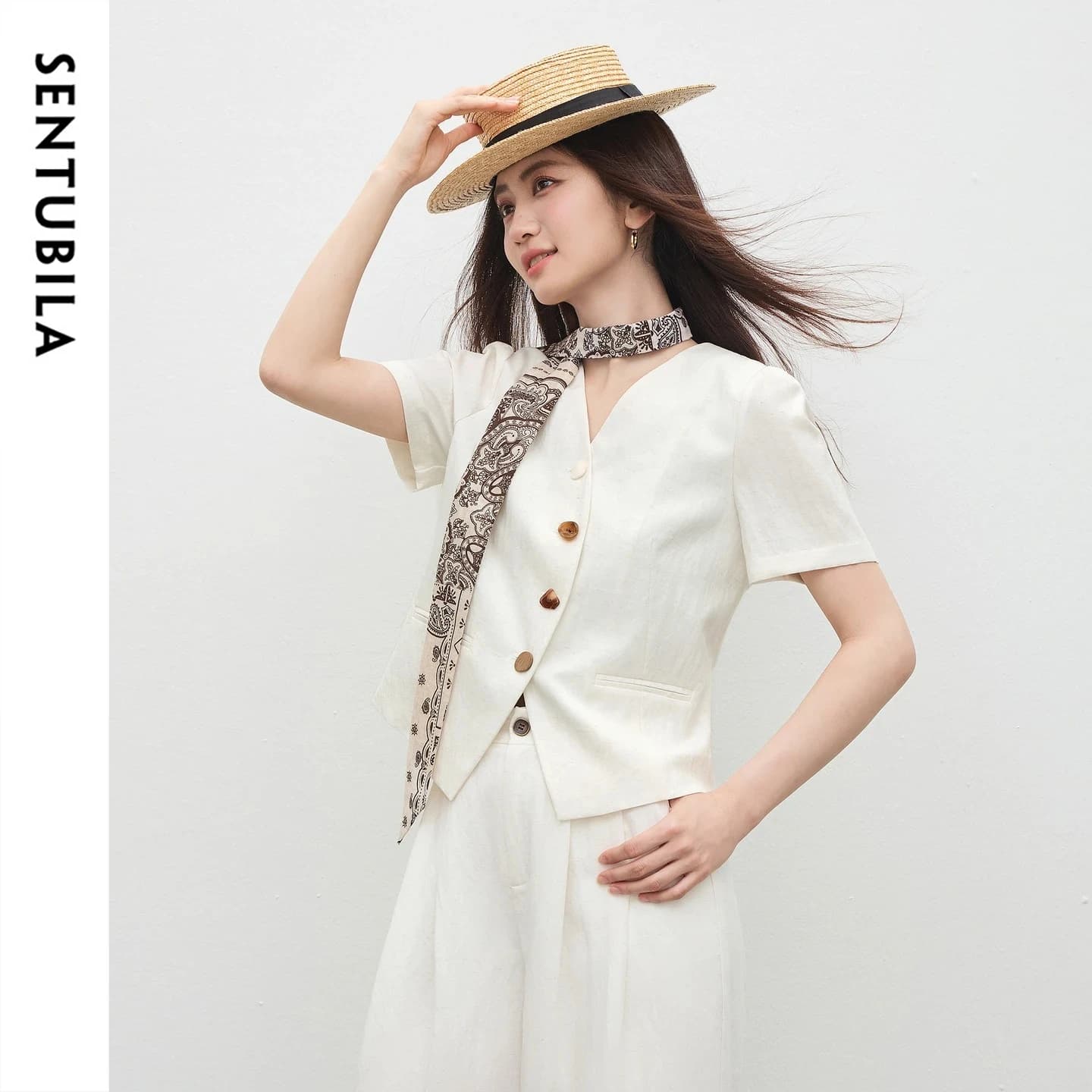 SENTUBILA Commute V-Neck Short Sleeve Blazer Top Women 2026 Summer Fashion Color Block Wooden Button Slim Fit Jacket Q62XC7391