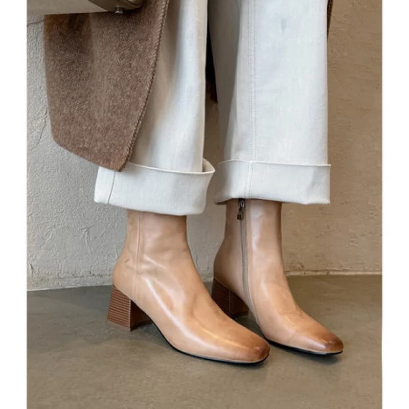 Women's Handmade Leather Ankle Boots Square Toe Mid Heel Height Increasing Casual Daily Boots Size 34-40 Lagre Size Boots G222